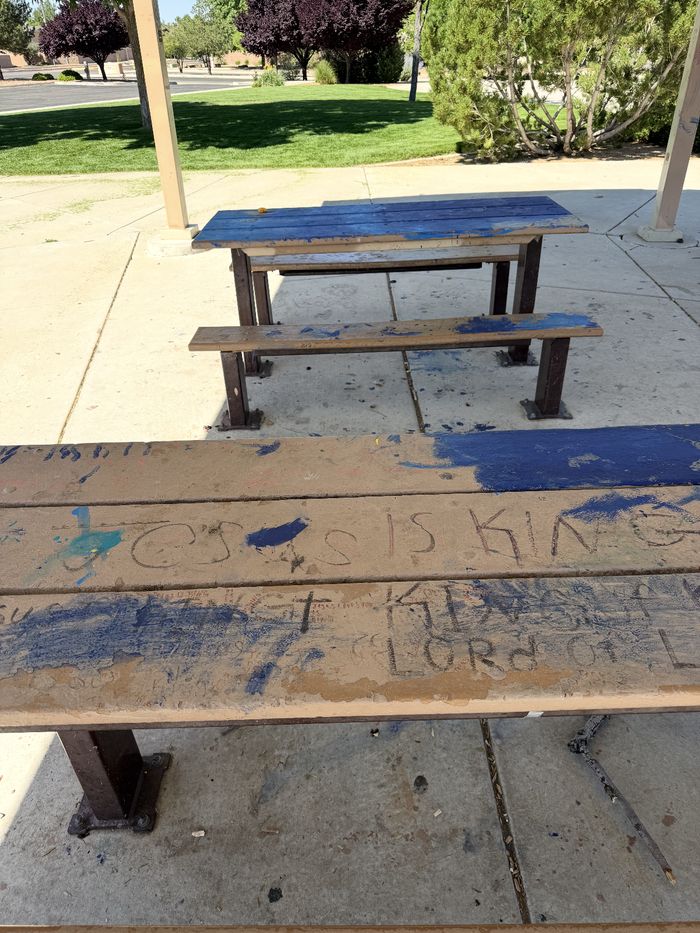 Picnic bench covered in paint and marker before cleaning